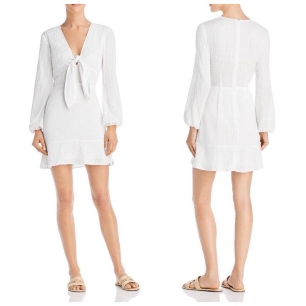 The Fifth Label White Long Sleeve Mini Dress Tie Front Textured Boho Style Large